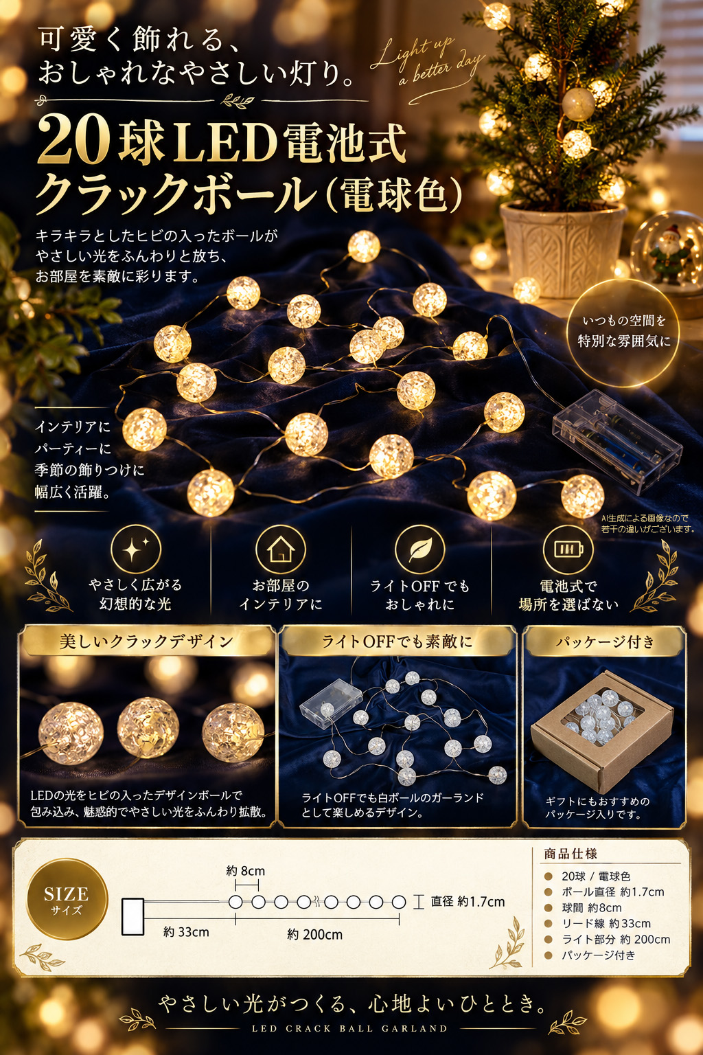 20球LED電池式クラックボール(電球色)