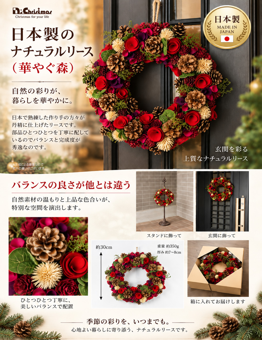 日本製のナチュラルリース(華やぐ森)