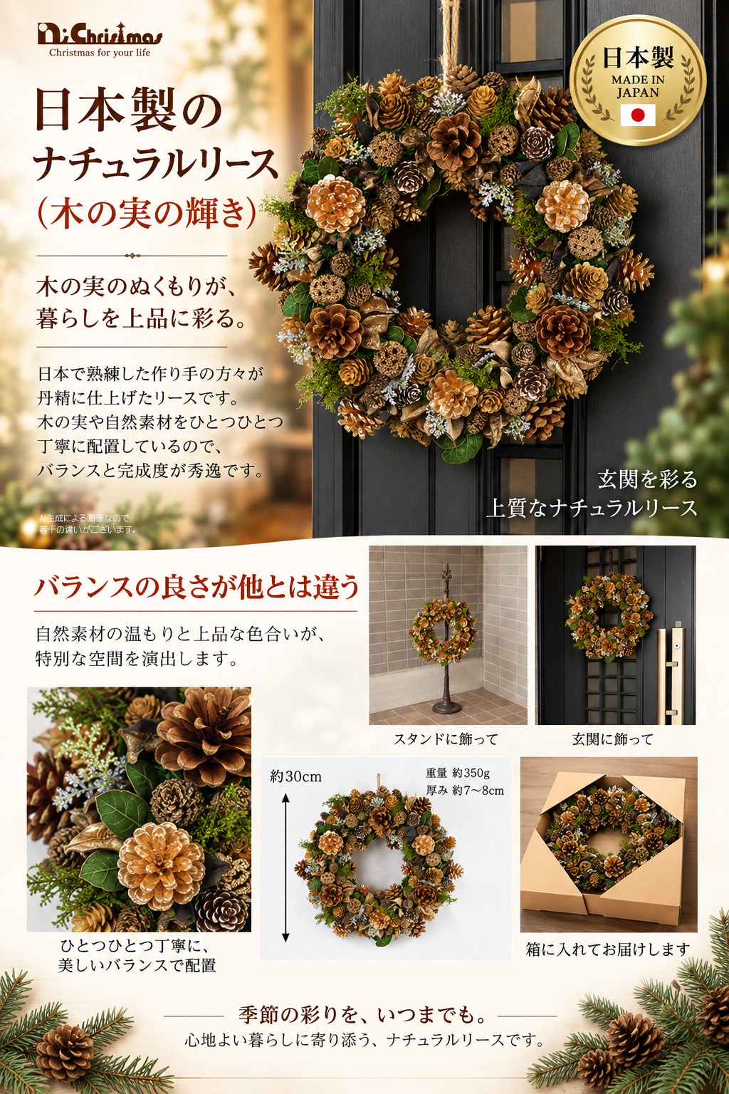 日本製のナチュラルリース(木の実の輝き)